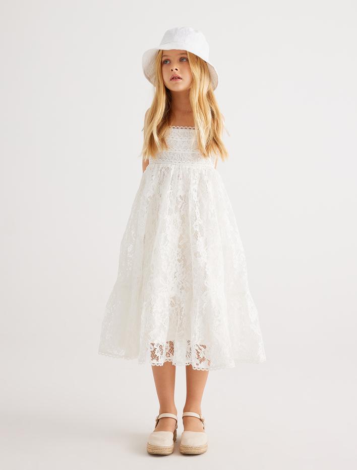 Kız Çocuk Parti Elbisesi Dantelli Midi Boy İnce Askılı Astarlı