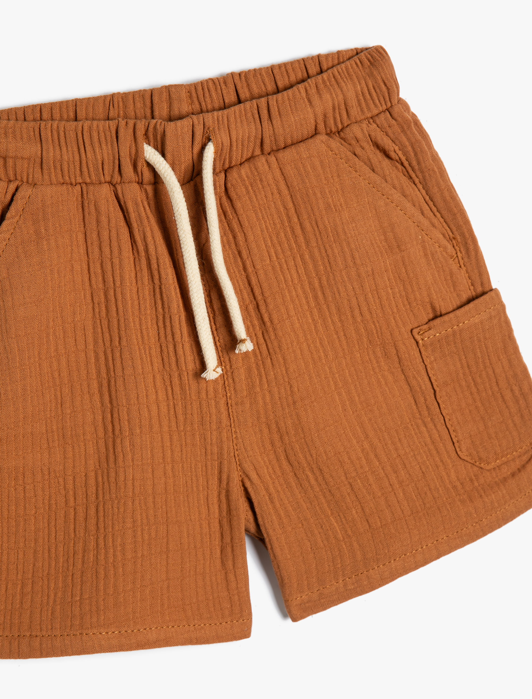  Erkek Bebek Basic Şort Müslin Kumaş Beli Bağlamalı Cep Detaylı Dokulu Pamuklu