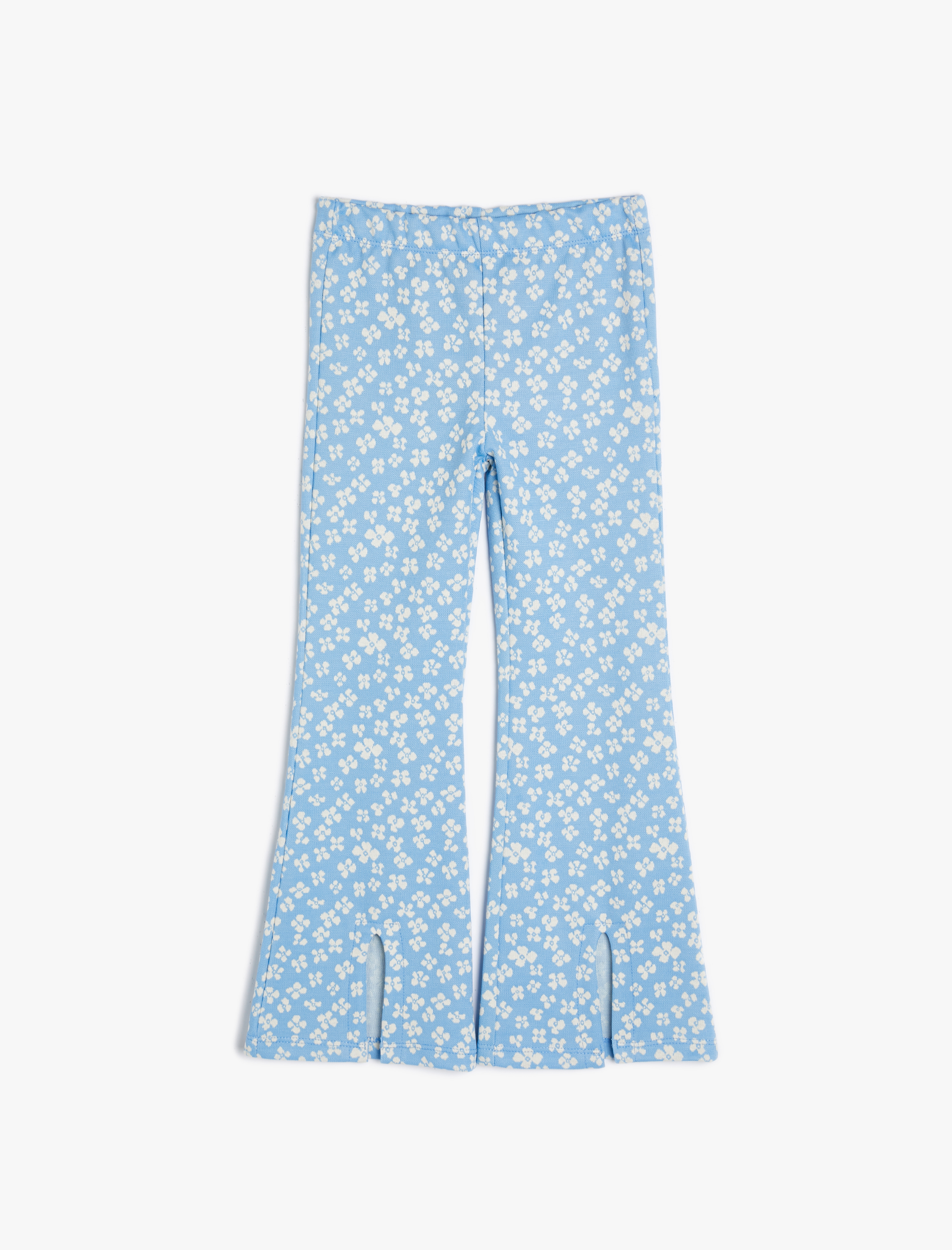  Kız Çocuk İspanyol Paça Tayt Pantolon Çiçekli Beli Lastikli Yırtmaç Detaylı