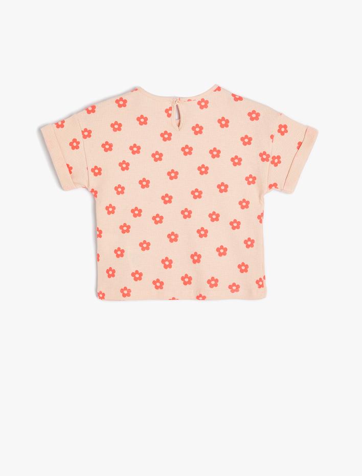 Kız Bebek Tişört Çiçekli Kısa Kollu Bisiklet Yaka Dokulu Pamuklu