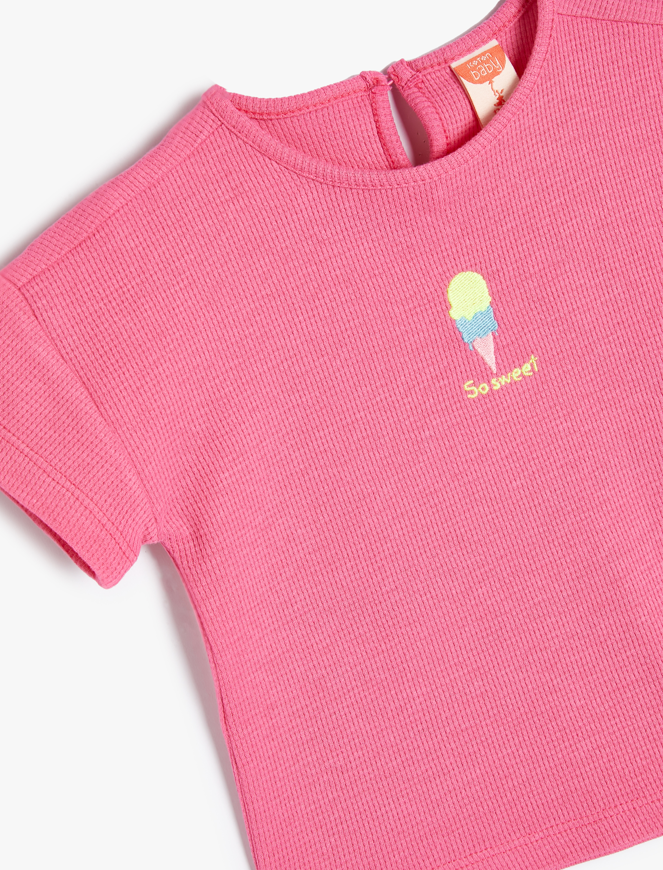  Kız Bebek Tişört Kısa Kollu Dondurma İşlemeli Bisiklet Yaka Pamuklu