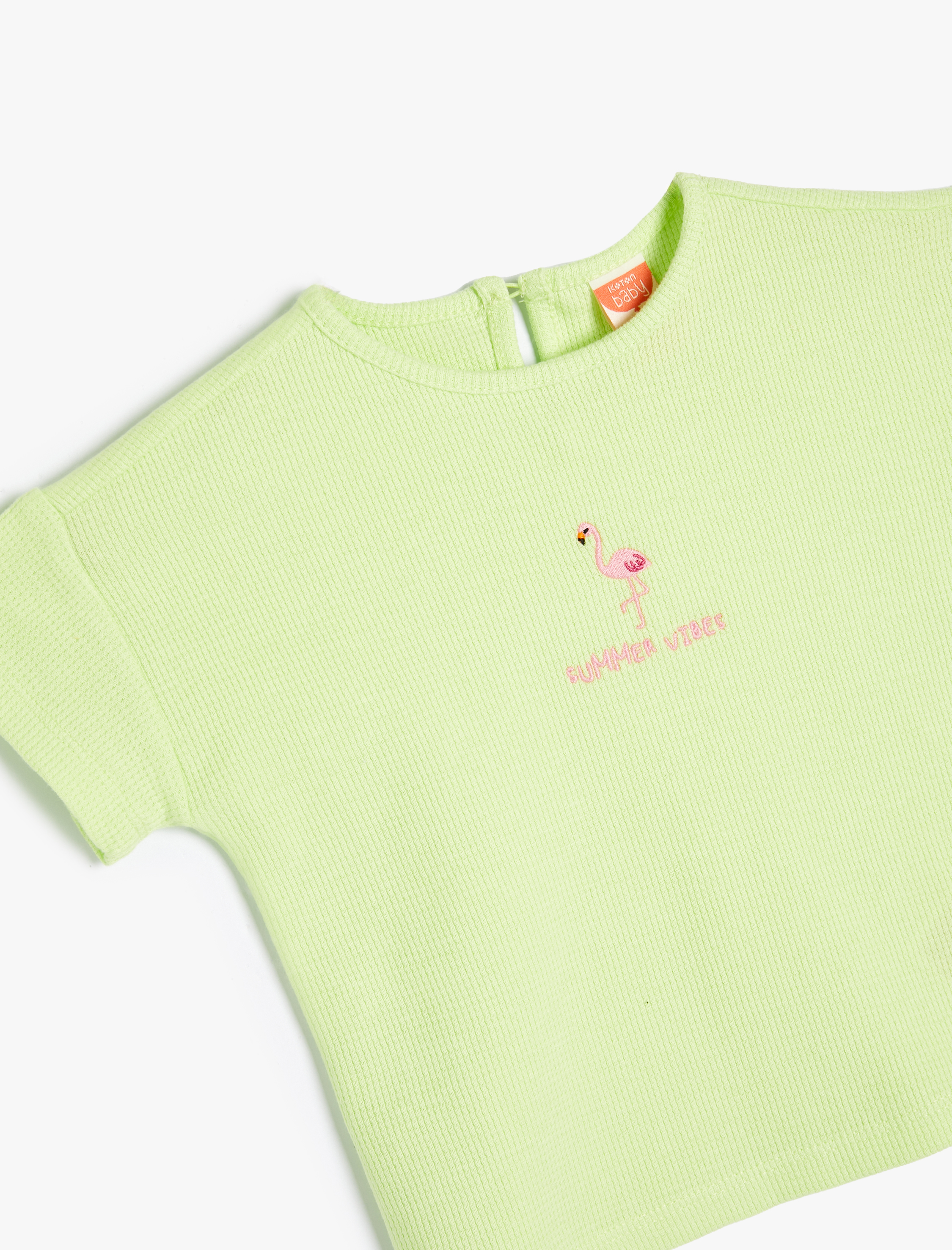  Kız Bebek Tişört Kısa Kollu Flamingo İşlemeli Bisiklet Yaka Pamuklu