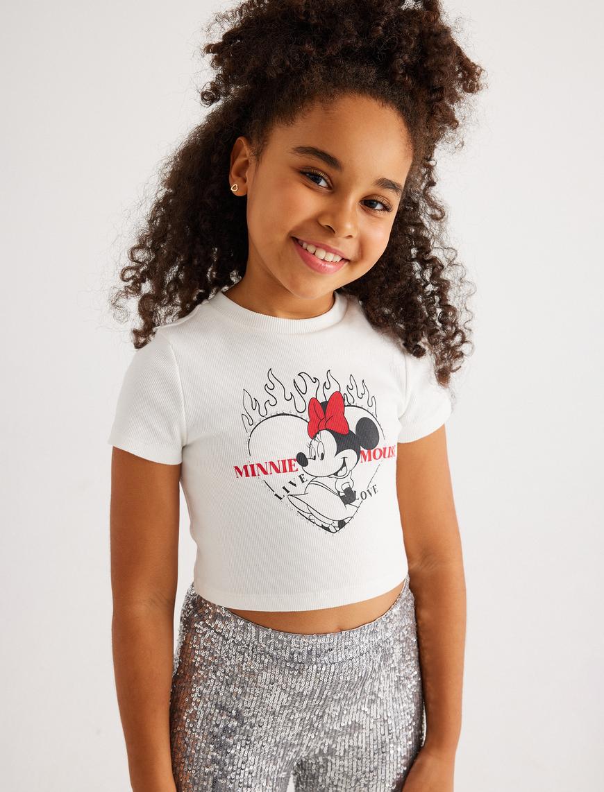  Kız Çocuk Minnie Mouse Crop Tişört Lisanslı Kısa Kollu Bisiklet Yaka