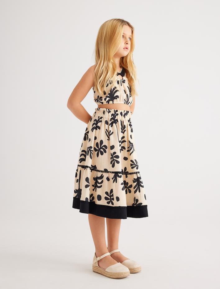 Kız Çocuk Etek Katlı Baskı Detaylı Ponpon Şeritli