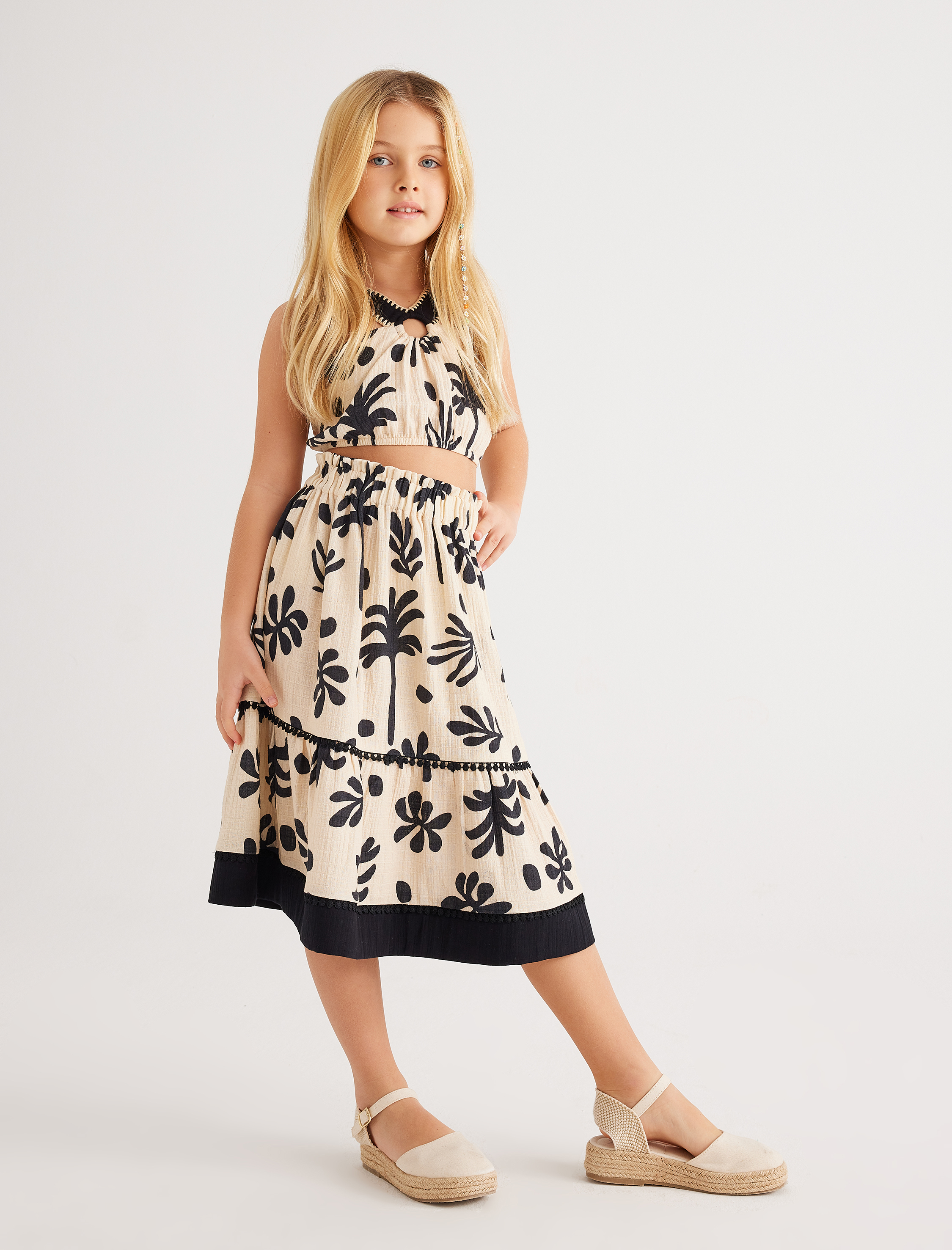  Kız Çocuk Etek Katlı Baskı Detaylı Ponpon Şeritli