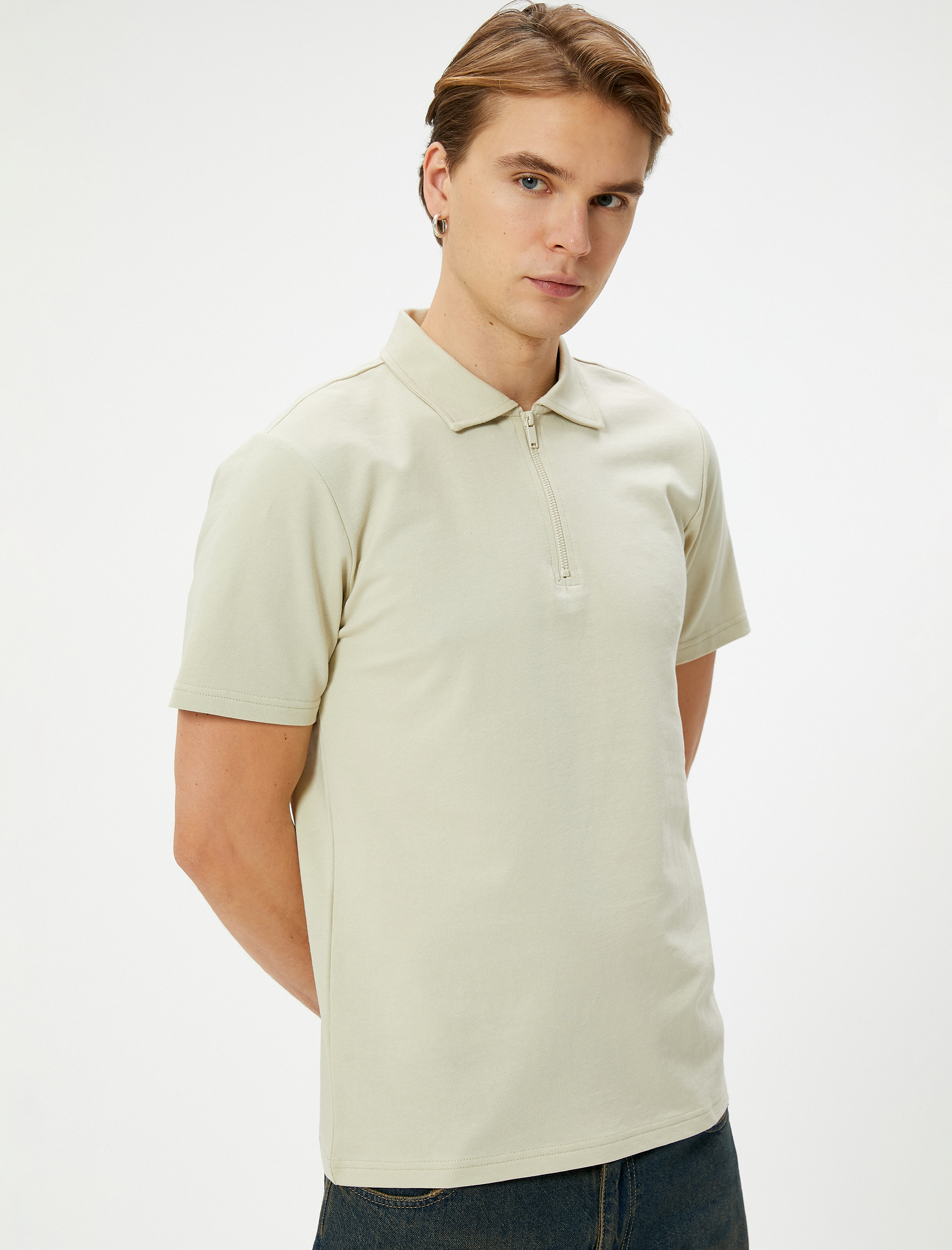   Yarım Fermuarlı Polo Tişört Kısa Kollu Pamuklu