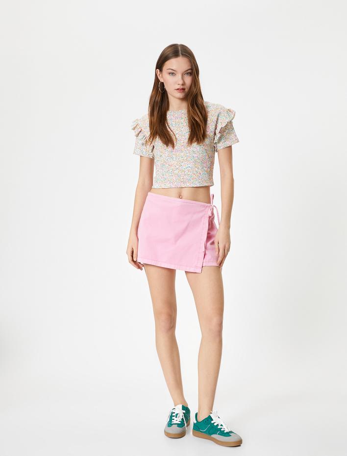  Çiçekli Fırfırlı Tişört Kısa Kollu Bisiklet Yaka Dokulu Bürümcük