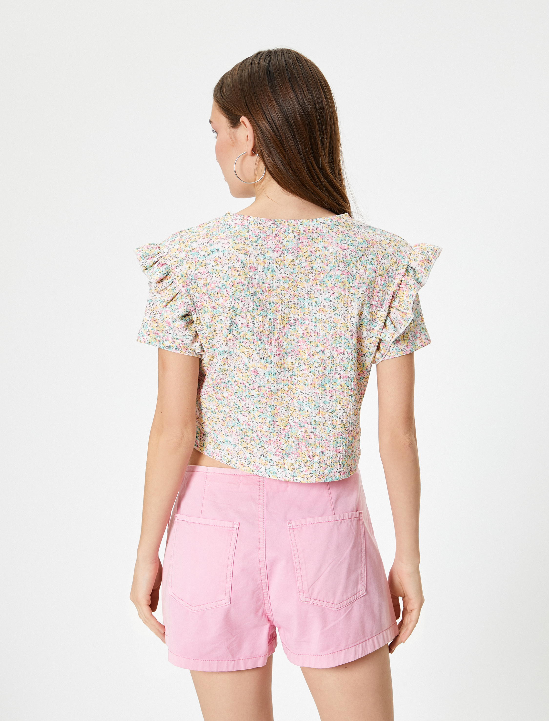   Çiçekli Fırfırlı Tişört Kısa Kollu Bisiklet Yaka Dokulu Bürümcük