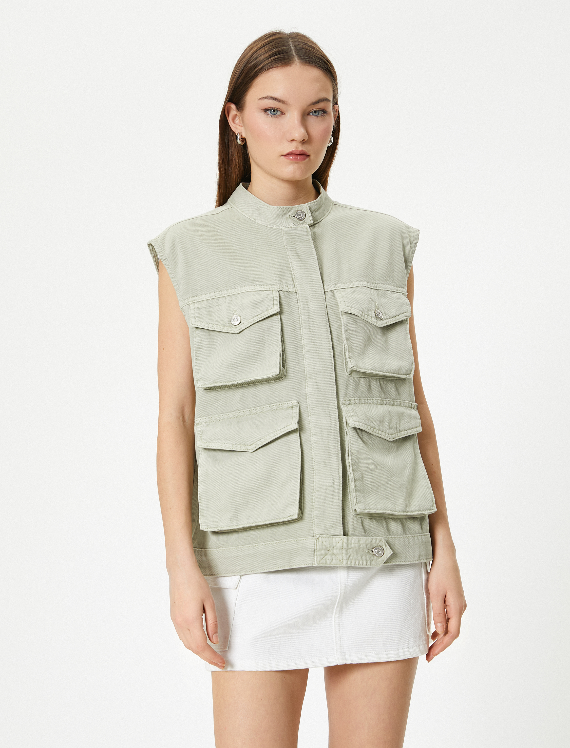   Oversize Kot Yelek 4 Kapaklı Kargo Cepli Dik Yaka