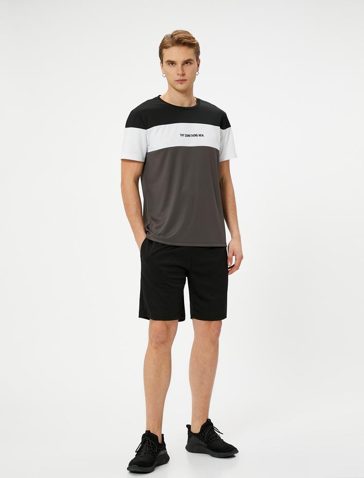  Spor Tişört Slogan Baskılı Renk Bloklu Kısa Kollu