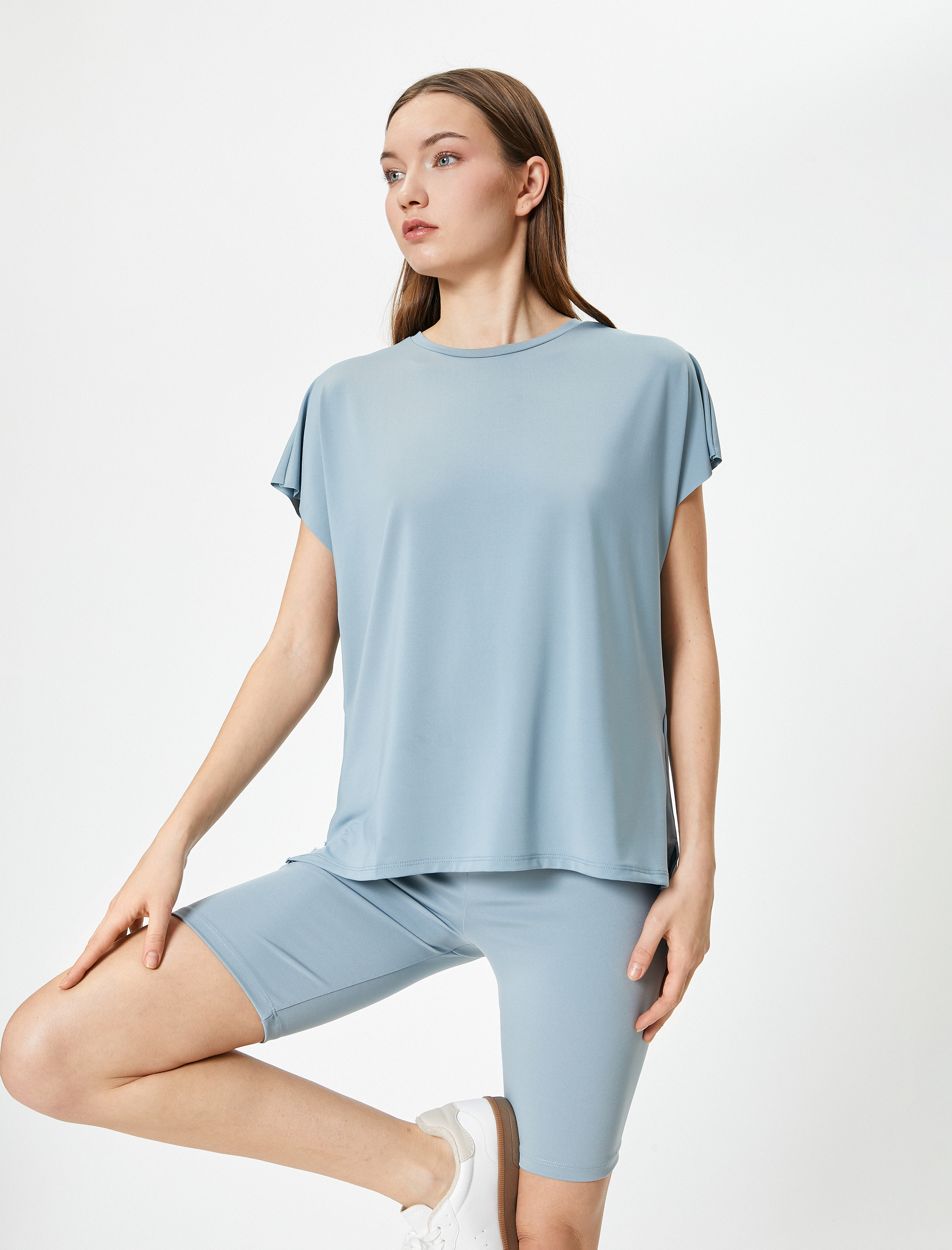   Rahat Kalıp Basic Spor Uzun Tişört Kısa Kollu Bisiklet Yaka