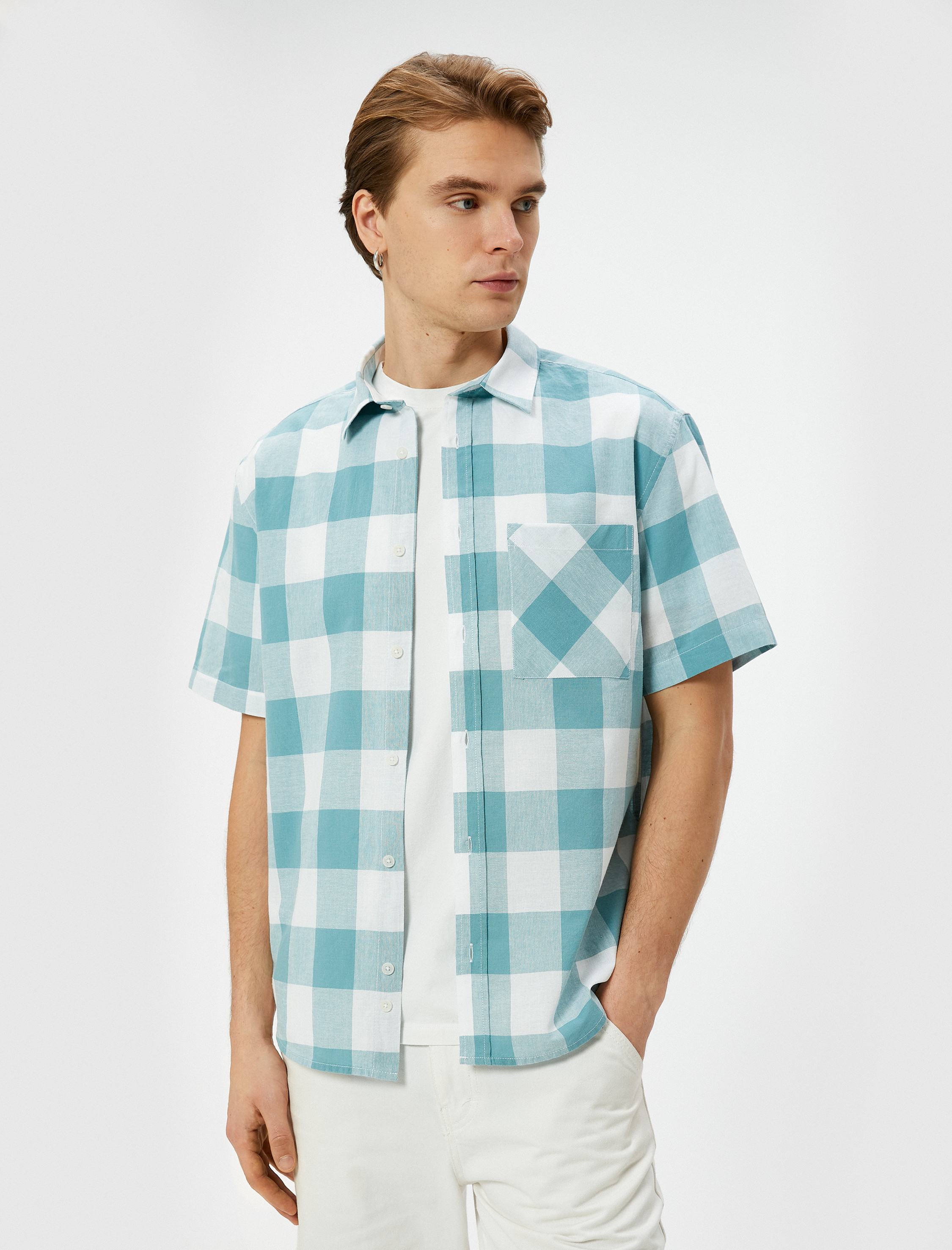   Ekoseli Gömlek Kısa Kollu Cep Detaylı Klasik Yaka Poplin Regular Fit