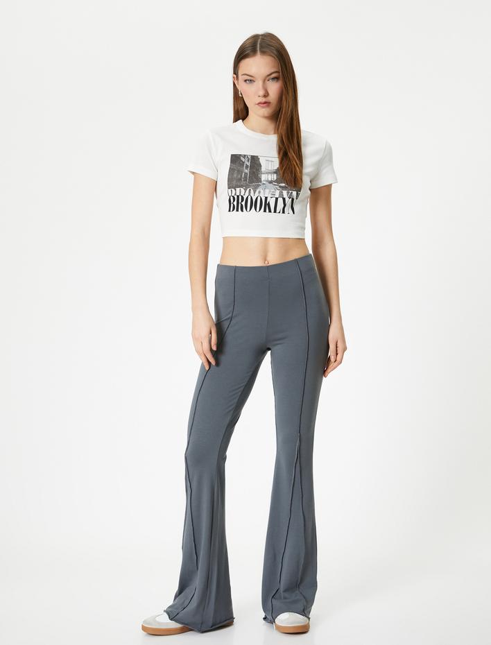 İspanyol Paça Pantolon Nervürlü Standart Bel Slim Fit Viskon Kumaş Karışımlı