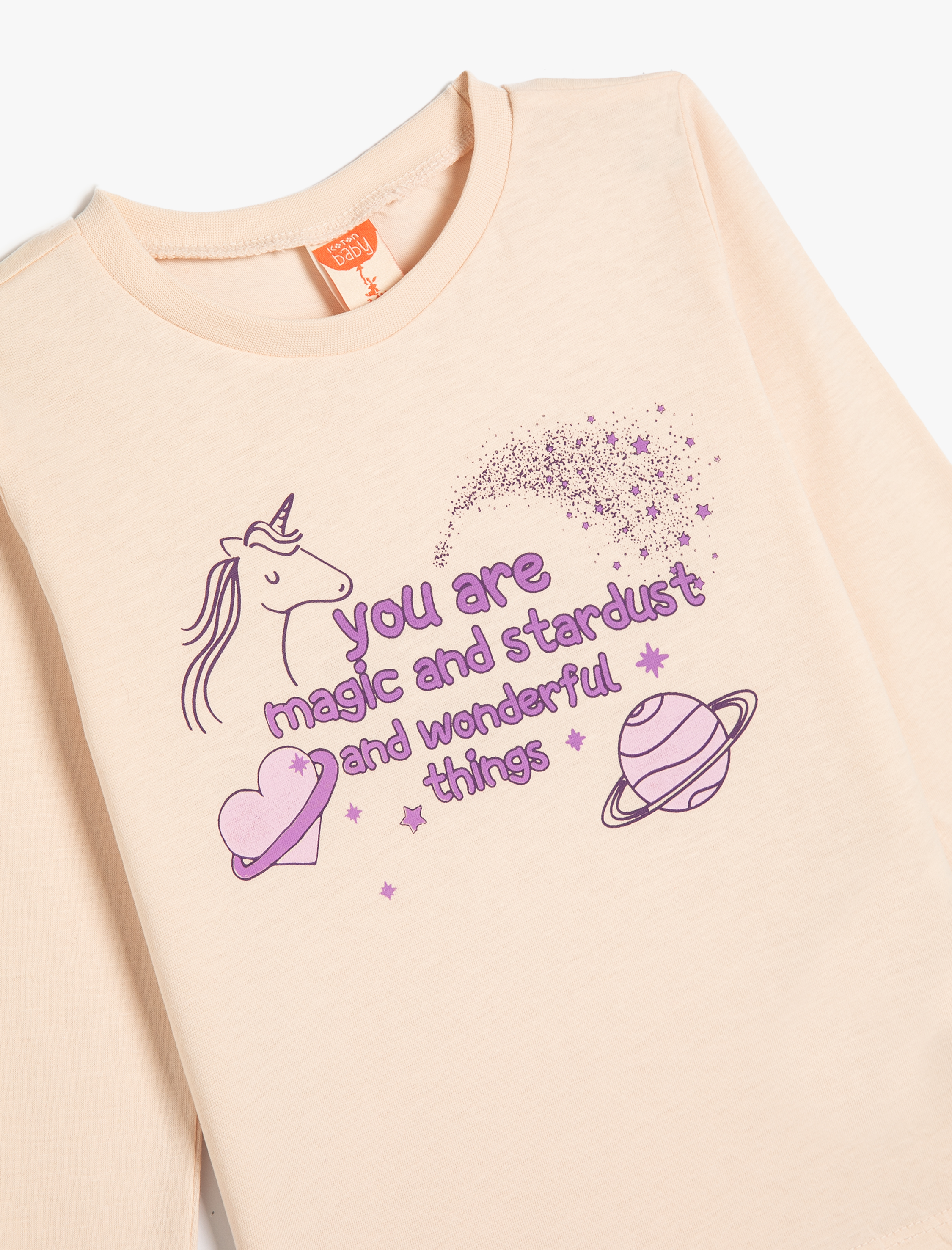  Kız Bebek Tişört Uzun Kollu Bisiklet Yaka Unicorn Baskılı Pamuklu