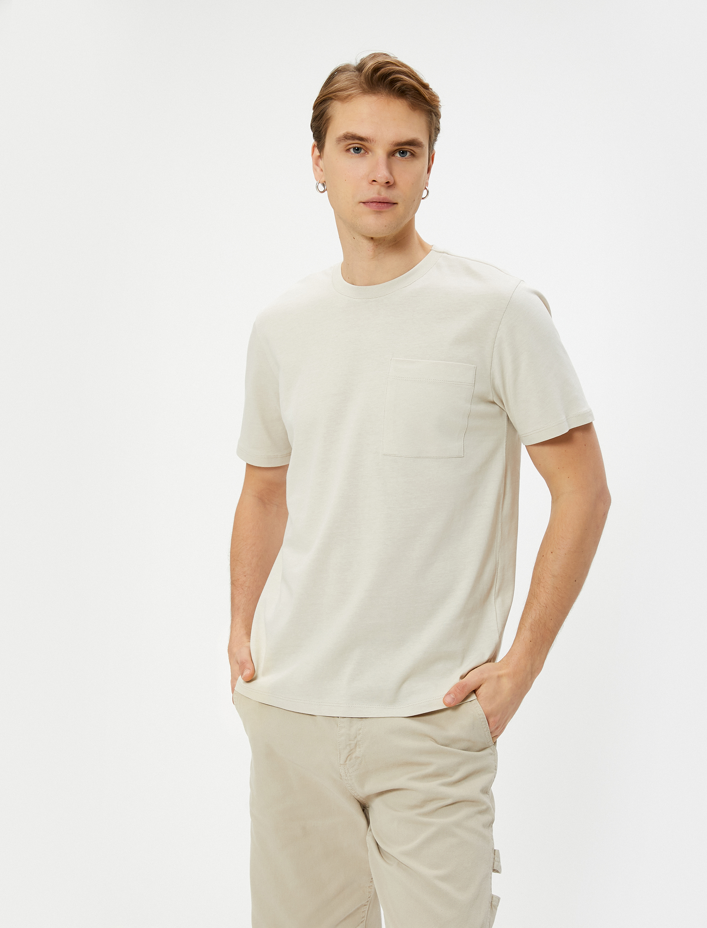   Basic Tişört Cep Detaylı Bisiklet Yaka Kısa Kollu Pamuklu