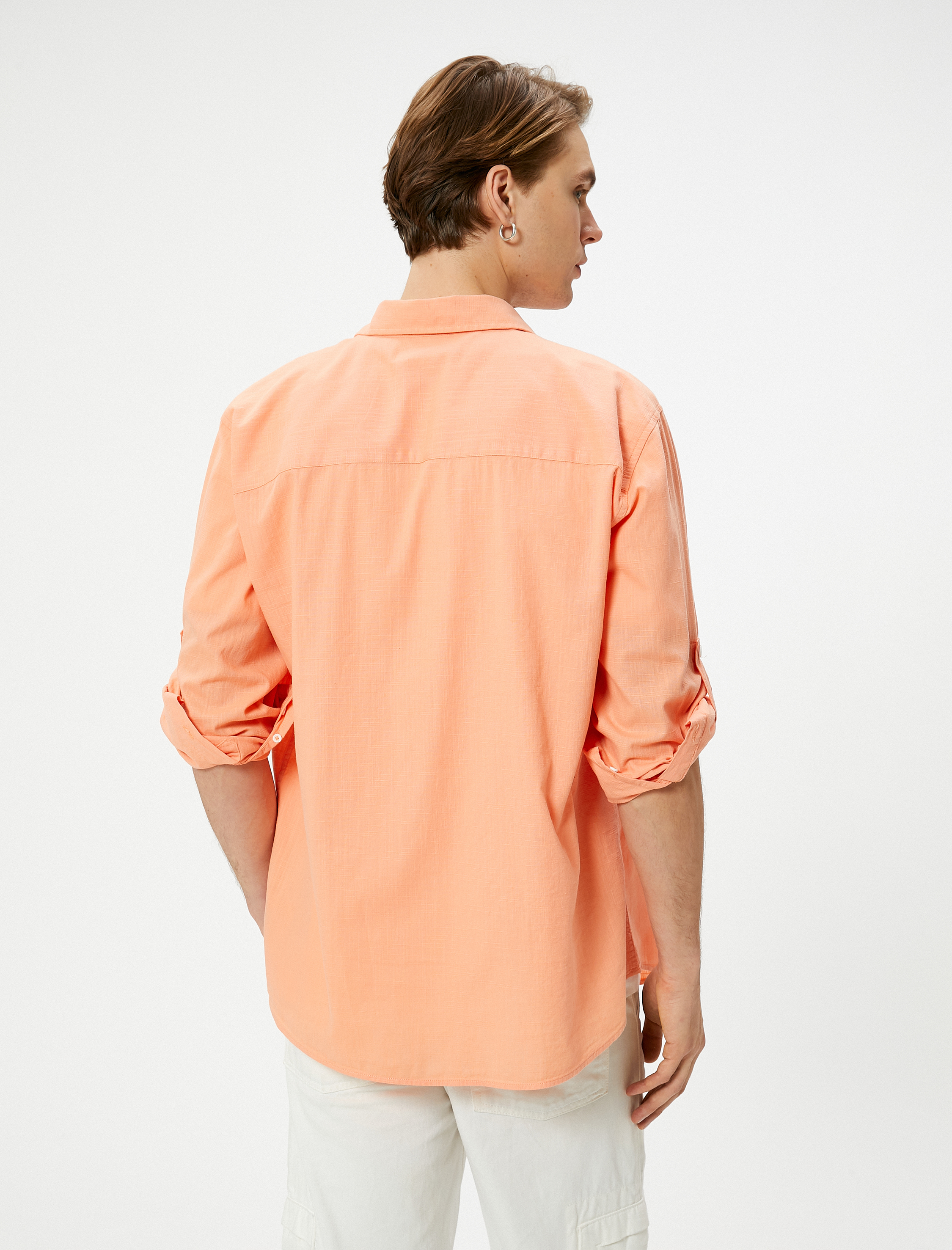   Keten Görünümlü Gömlek Kol Detaylı Düğmeli Uzun Kollu Regular Fit