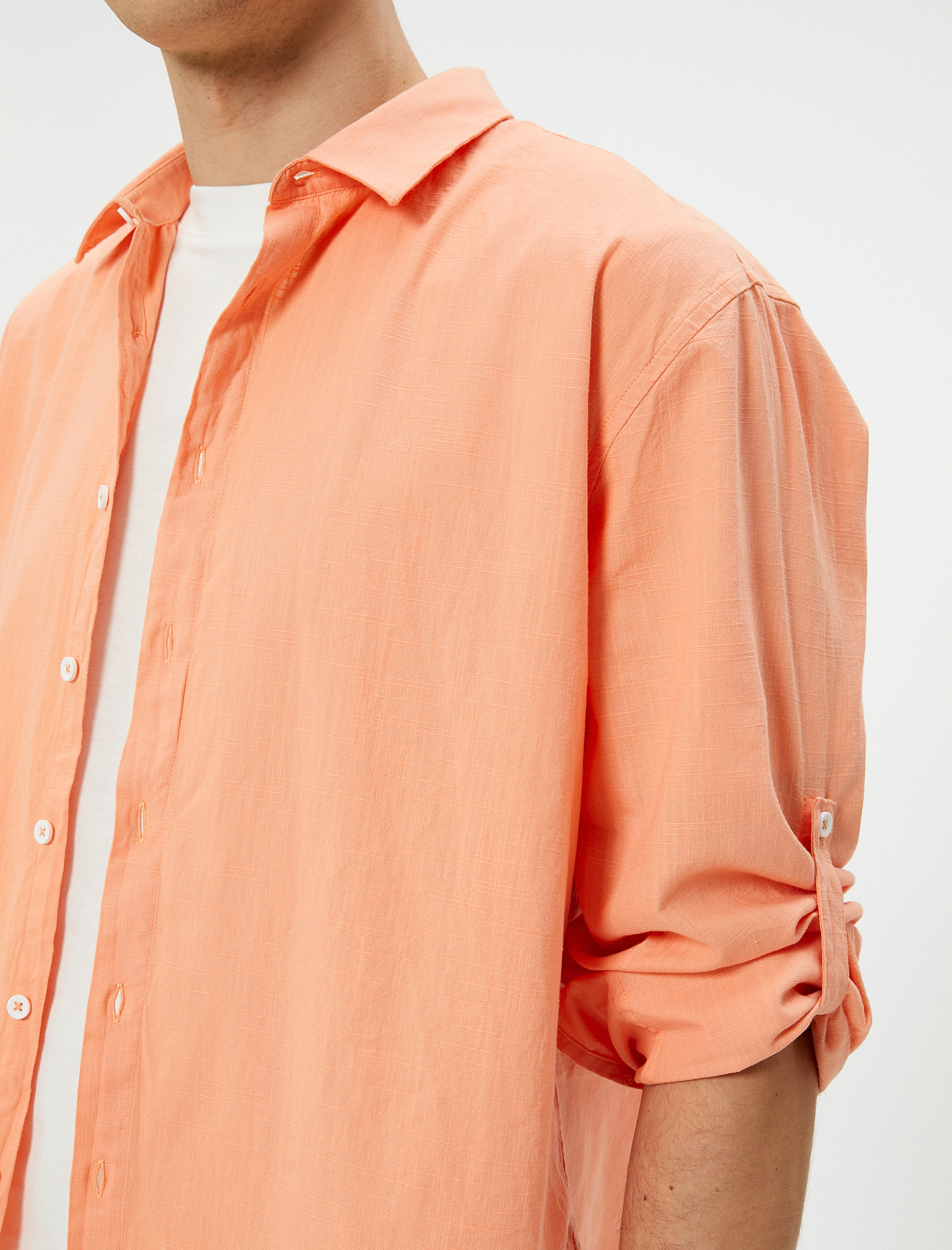   Keten Görünümlü Gömlek Kol Detaylı Düğmeli Uzun Kollu Regular Fit