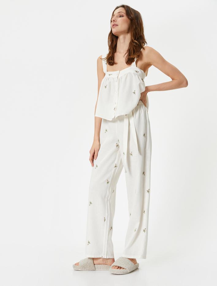  Pijama Altı Çiçek İşleme Detaylı  Keten Karışımlı