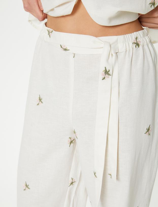 Pijama Altı Çiçek İşleme Detaylı  Keten Karışımlı_4