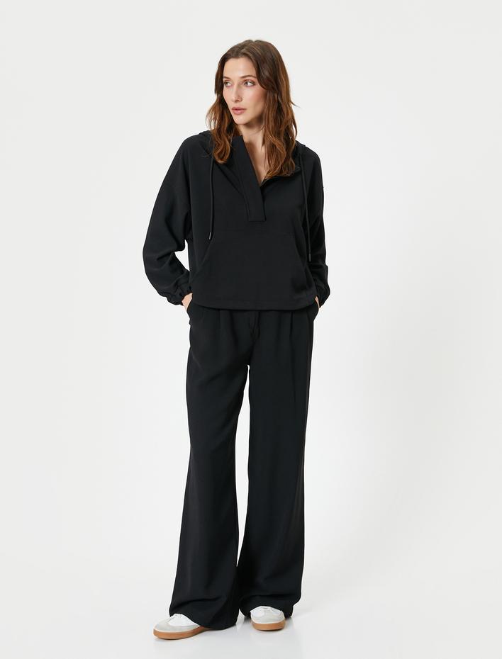  Kapşonlu Sweatshirt Yarım Fermuarlı Kanguru Cepli