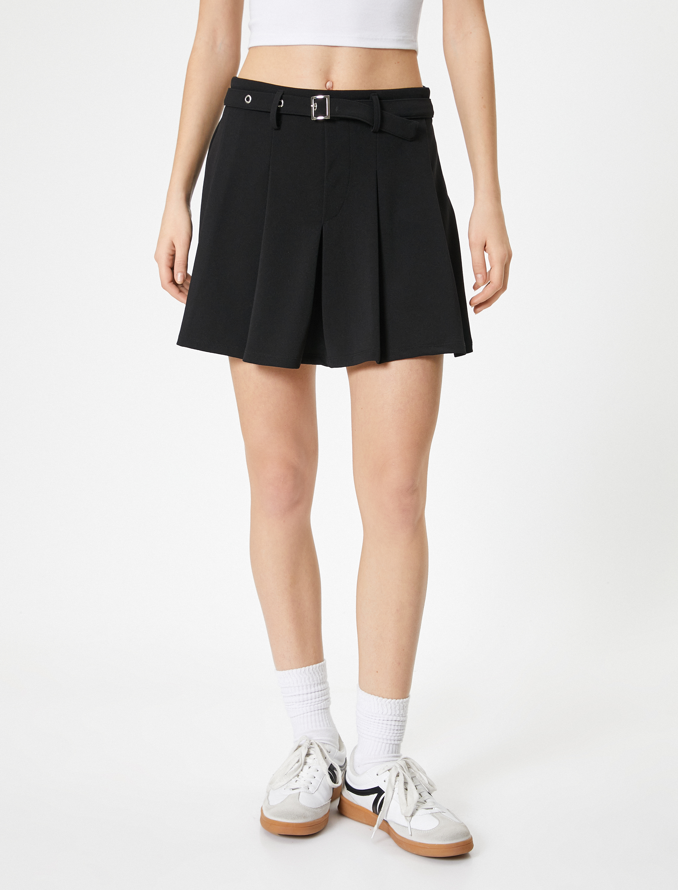   Kalın Pileli Mini A Kesim Etek Standart Bel Kemer Detaylı