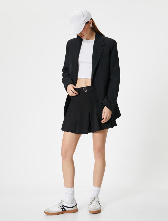  Kalın Pileli Mini A Kesim Etek Standart Bel Kemer Detaylı