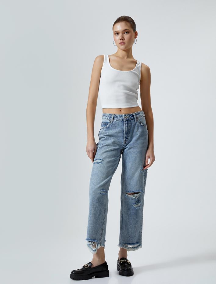  Straight Jean Kot Pantolon Düz Paça Yırtık Pamuklu Standart Bel - Eve Jean