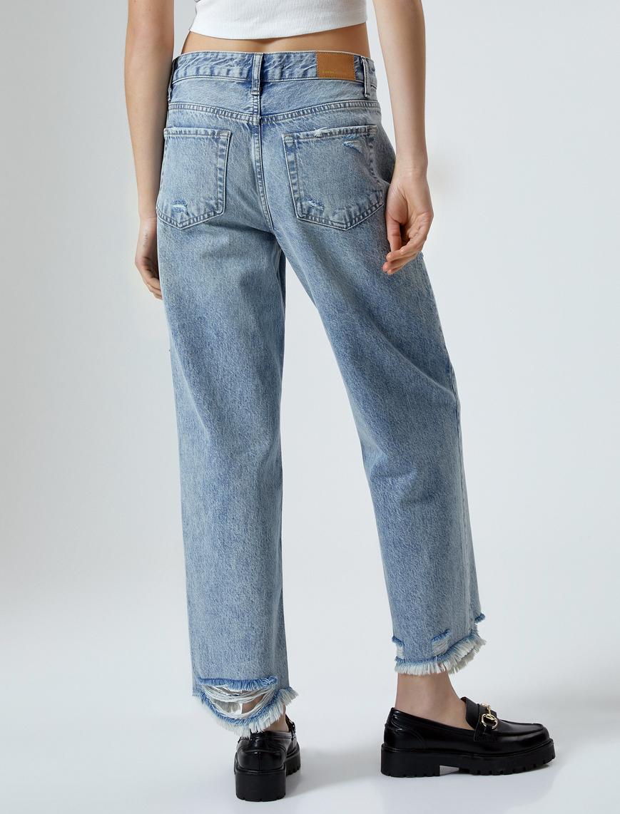   Straight Jean Kot Pantolon Düz Paça Yırtık Pamuklu Standart Bel - Eve Jean