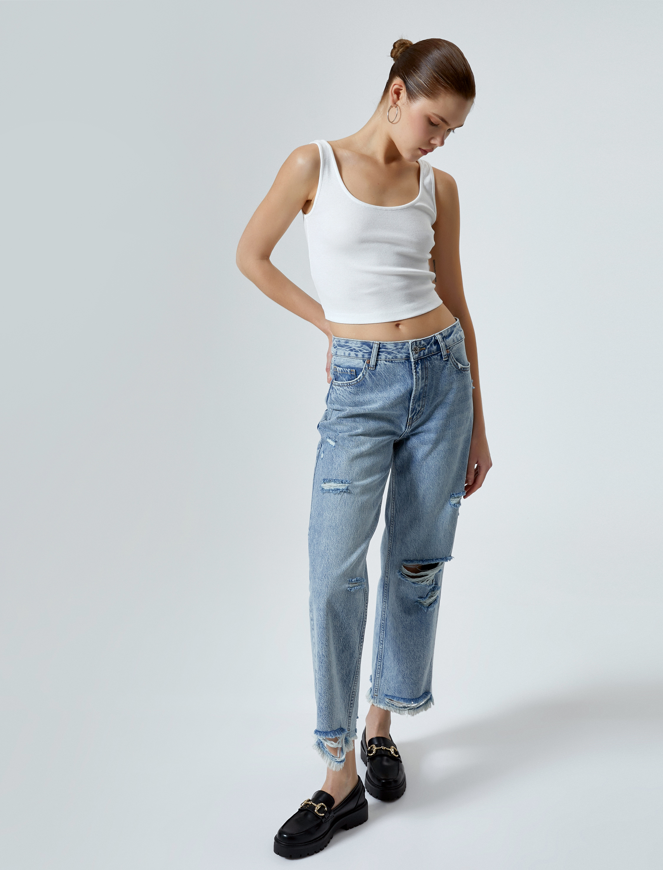   Straight Jean Kot Pantolon Düz Paça Yırtık Pamuklu Standart Bel - Eve Jean