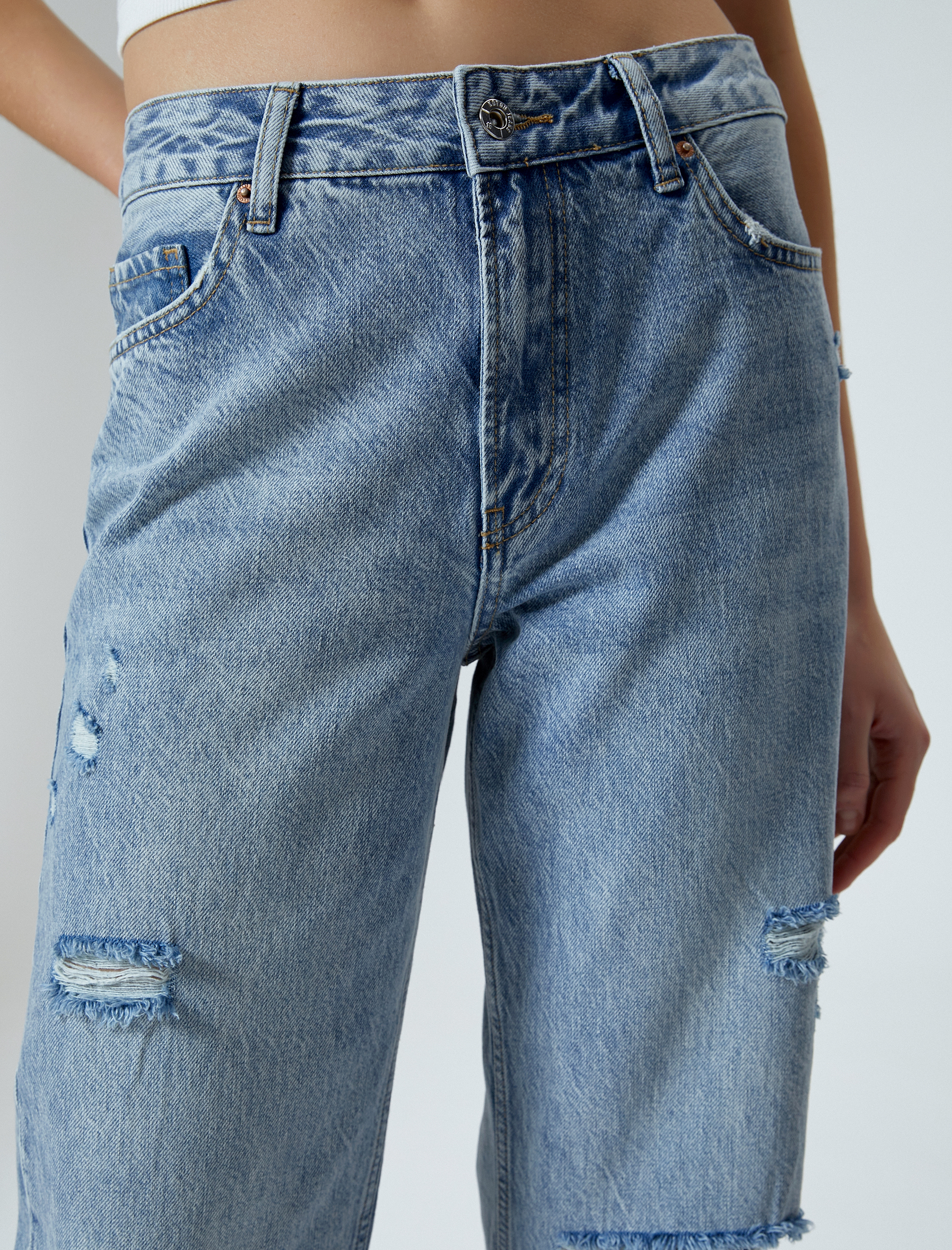   Straight Jean Kot Pantolon Düz Paça Yırtık Pamuklu Standart Bel - Eve Jean