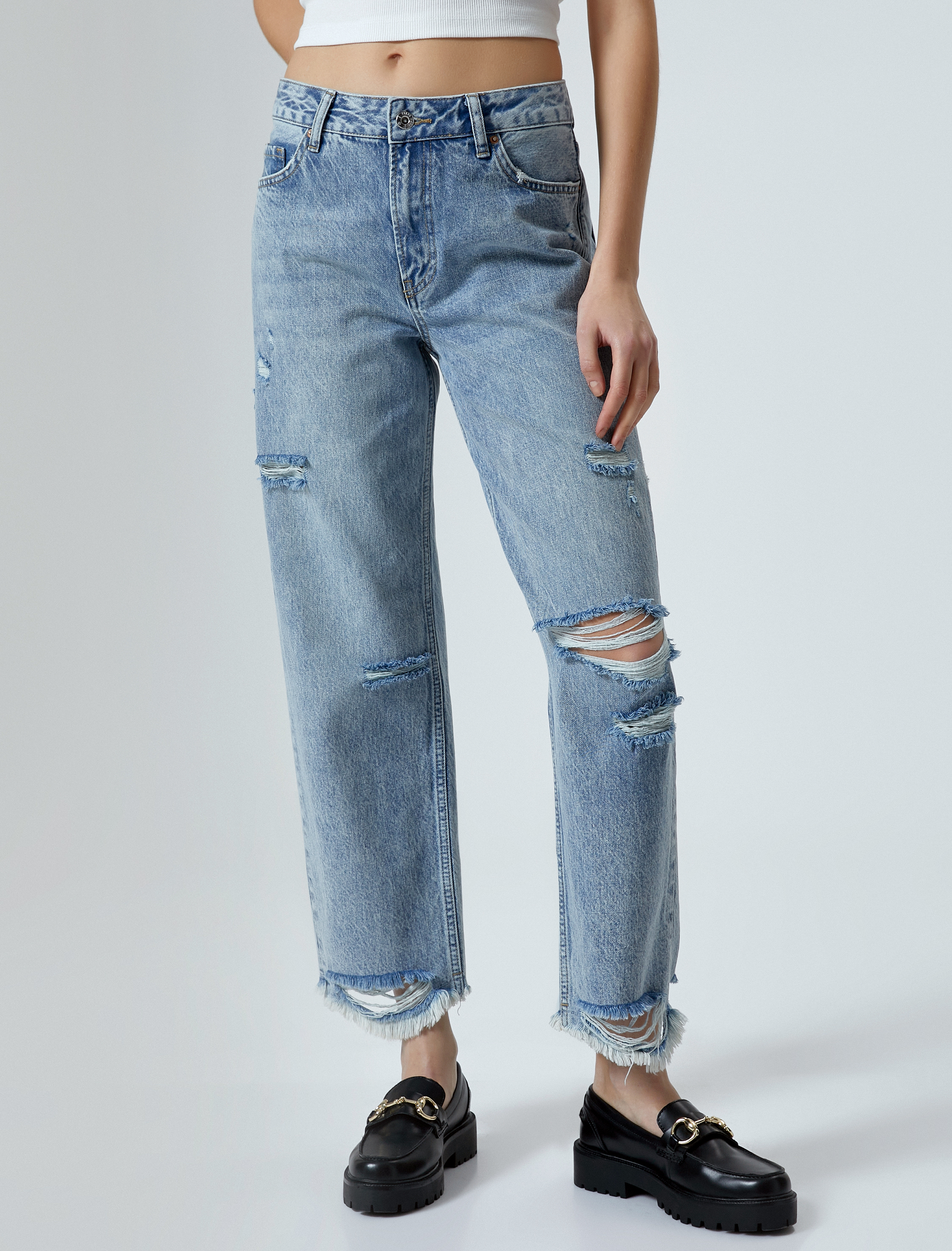   Straight Jean Kot Pantolon Düz Paça Yırtık Pamuklu Standart Bel - Eve Jean