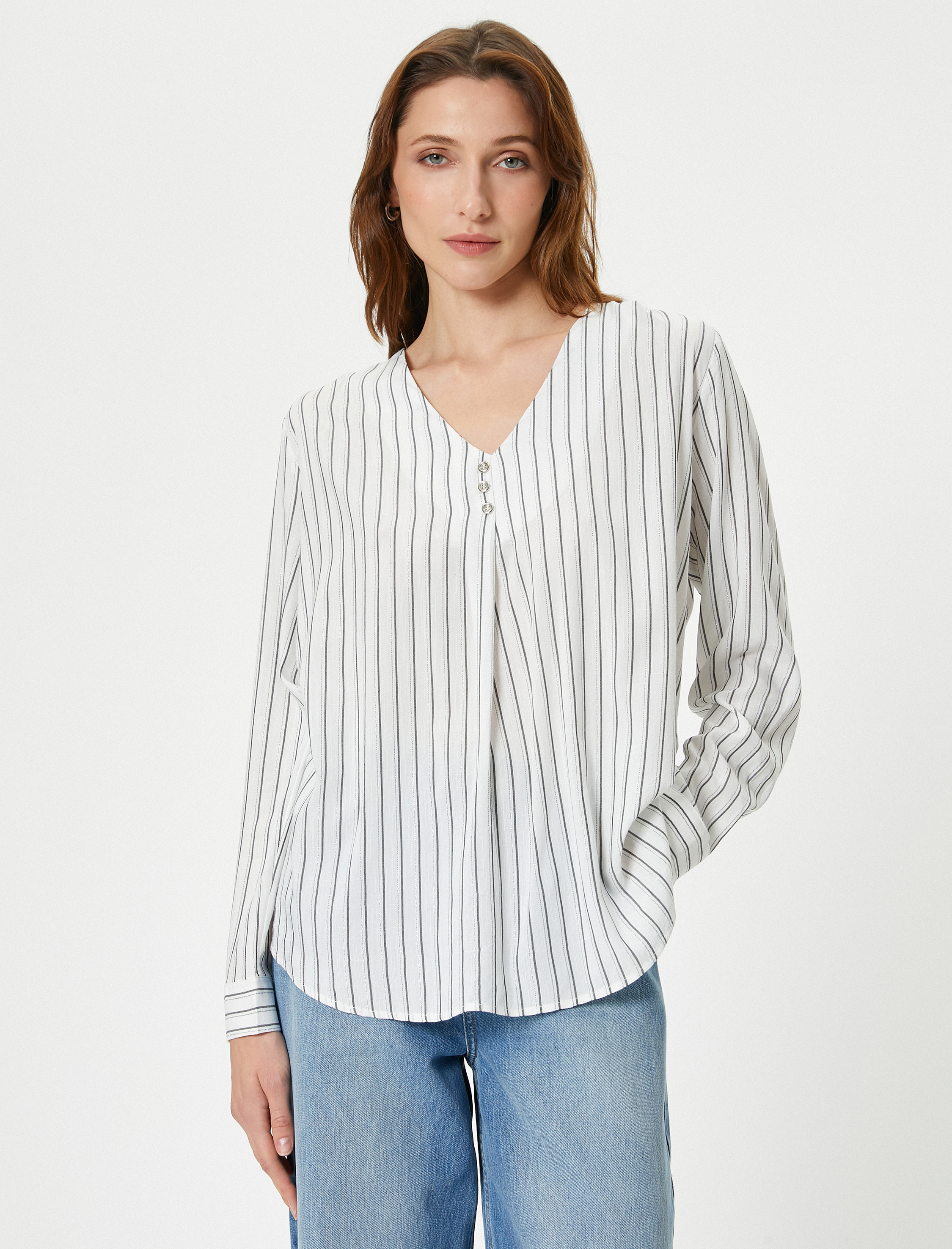   Uzun Kollu Bluz V Yaka Düğmeli Viskon Karışımlı