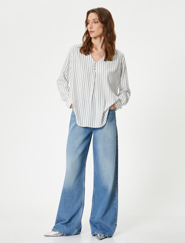  Uzun Kollu Bluz V Yaka Düğmeli Viskon Karışımlı