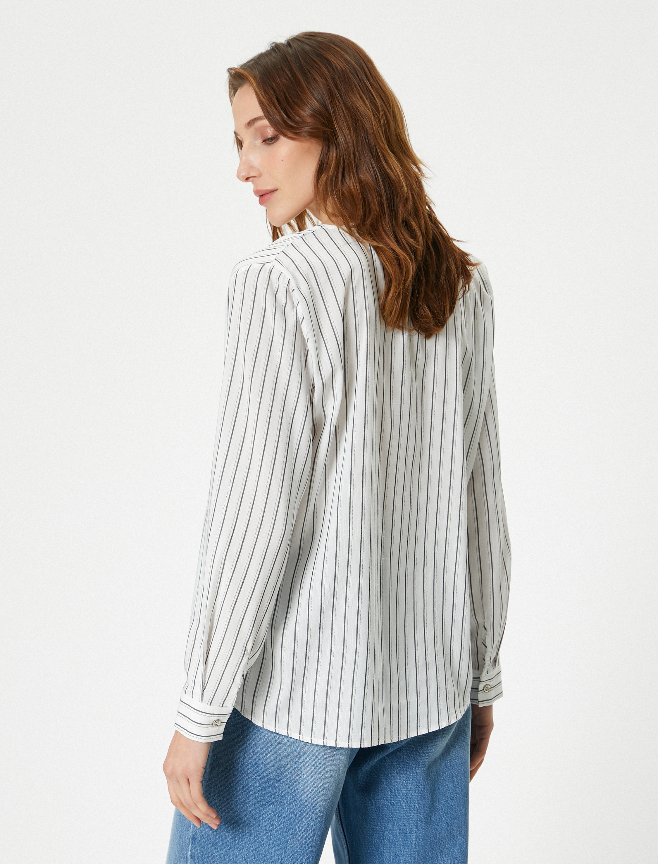   Uzun Kollu Bluz V Yaka Düğmeli Viskon Karışımlı