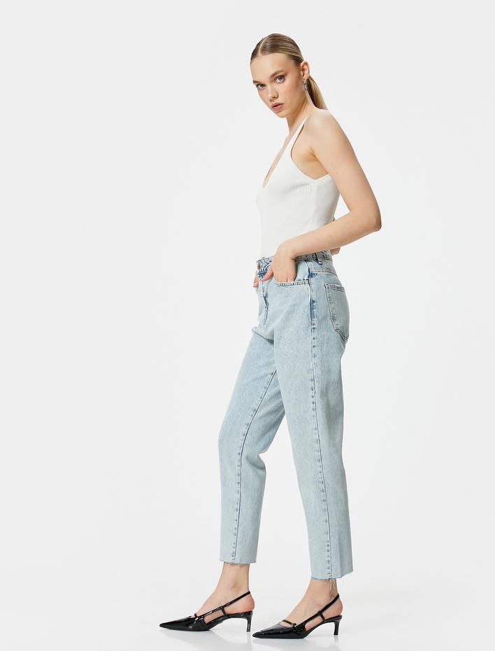  Mom Fit Kot Pantolon Standart Bel Cepli Pamuklu - Mom Jean