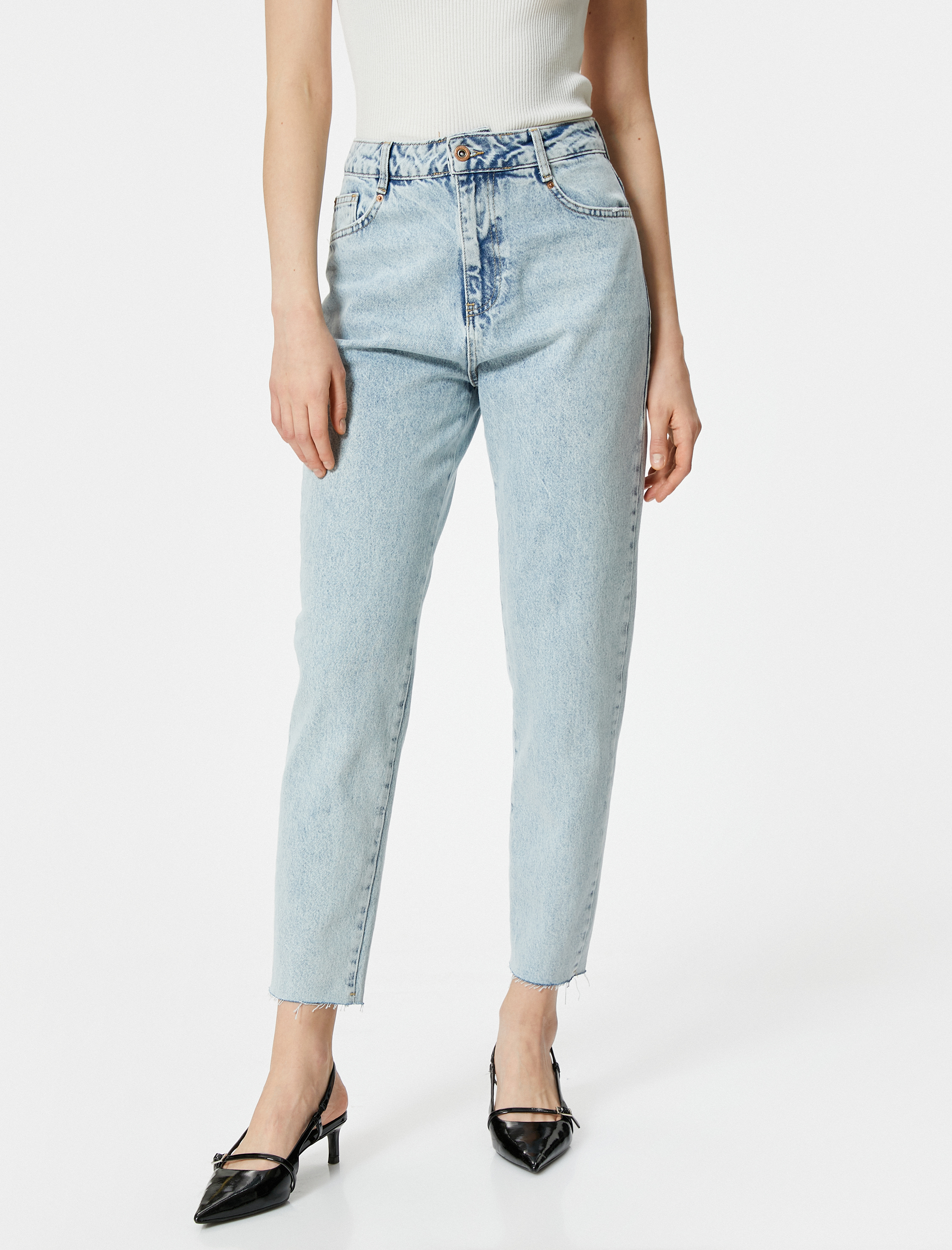   Mom Fit Kot Pantolon Standart Bel Cepli Pamuklu - Mom Jean