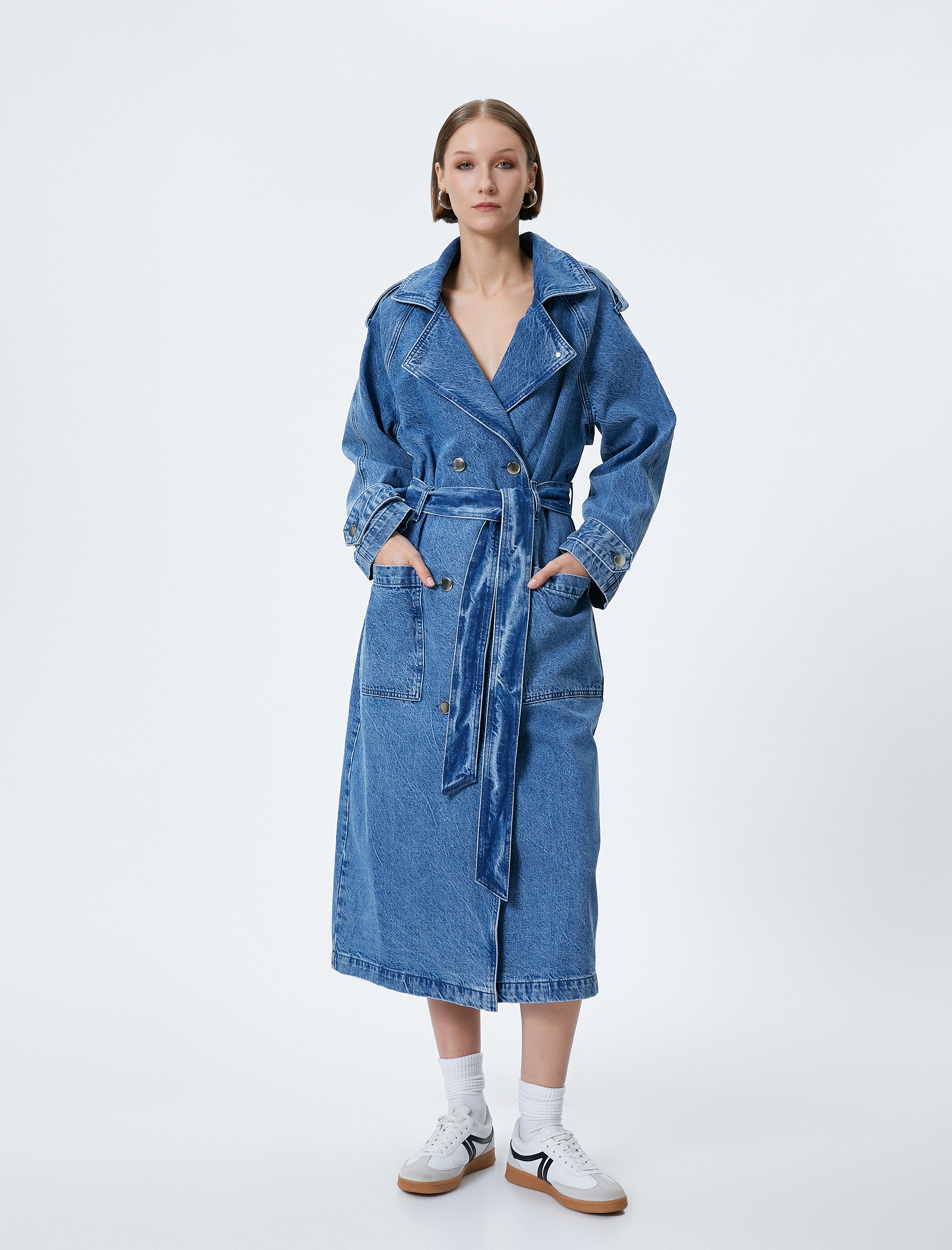   Uzun Kot Trençkot Kruvaze Kemer Detaylı Cepli Apolet Detaylı