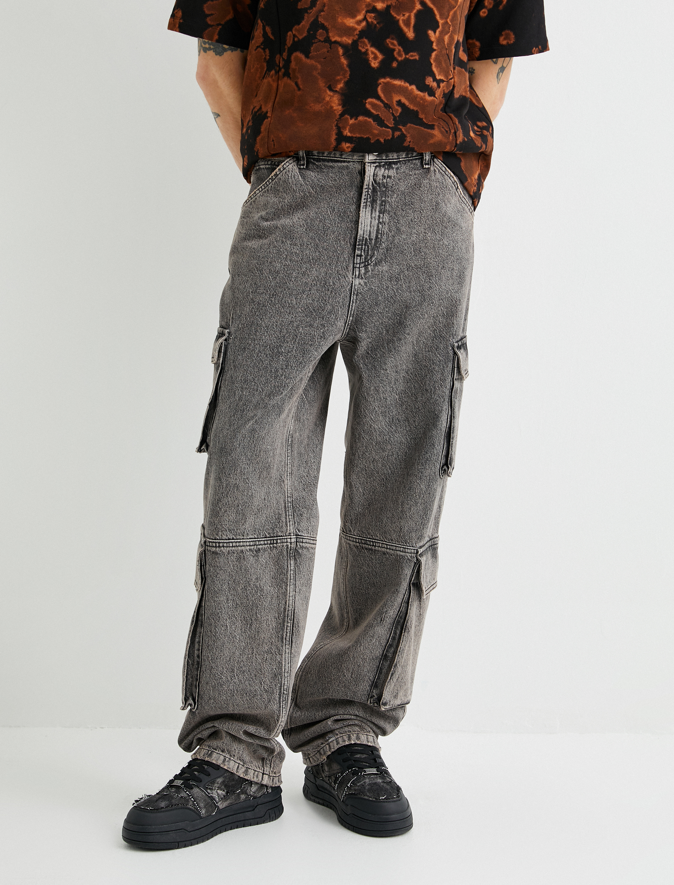   Bol Kot Pantolon Kargo Cepli Yıkamalı Düğmeli