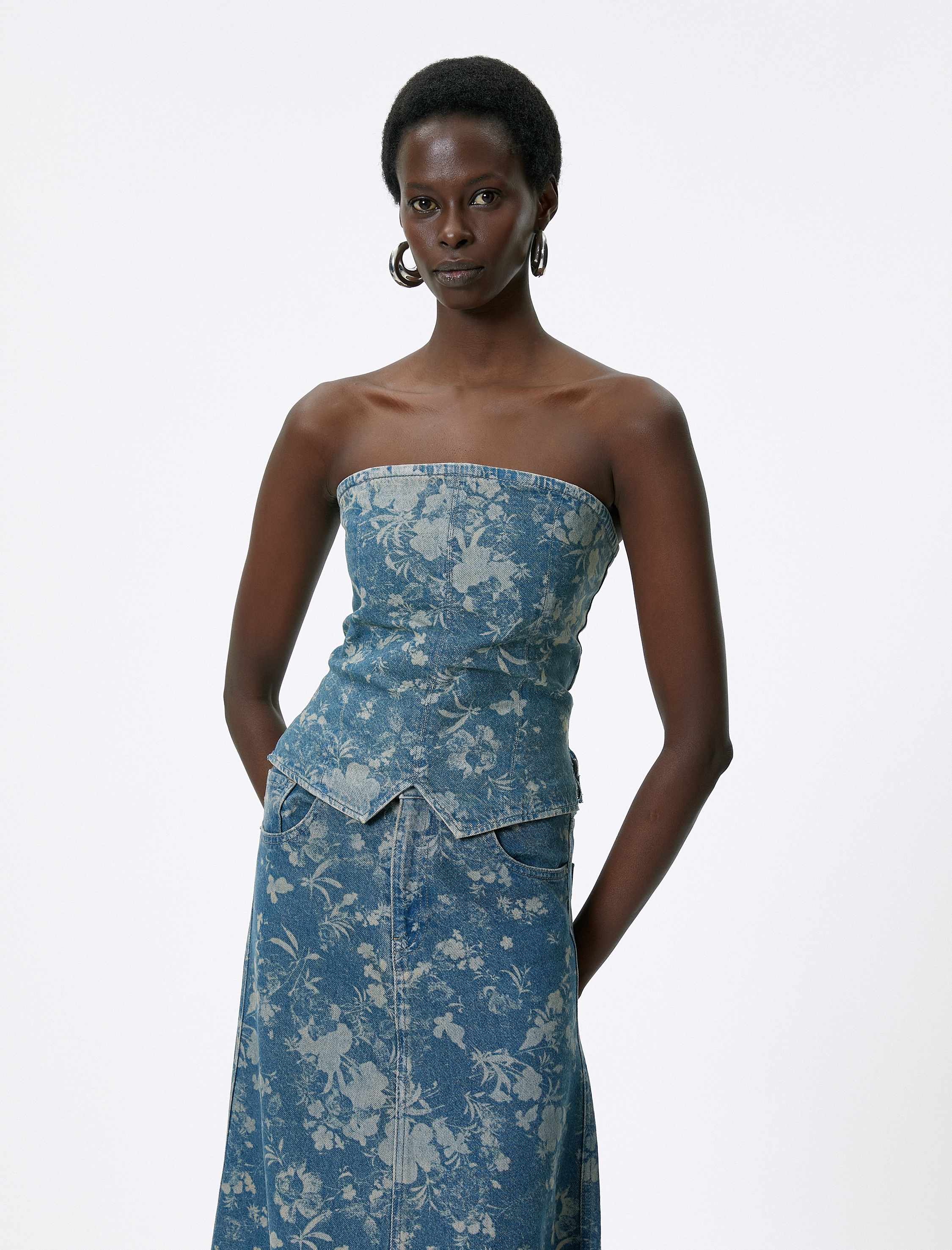   Floral Straplez Kot Üst Asimetrik Kesim Fermuarlı