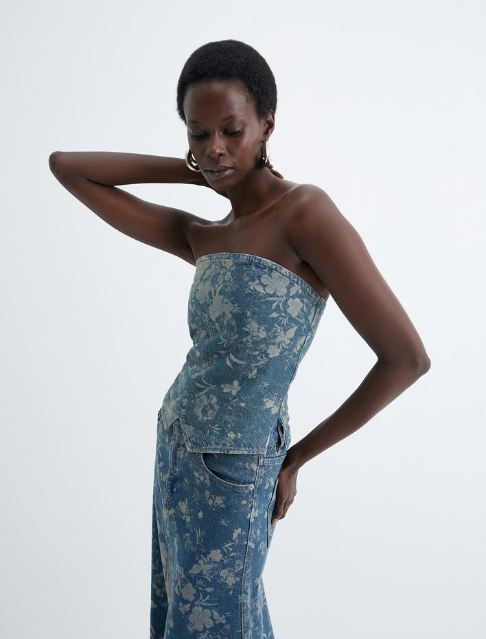  Floral Straplez Kot Üst Asimetrik Kesim Fermuarlı