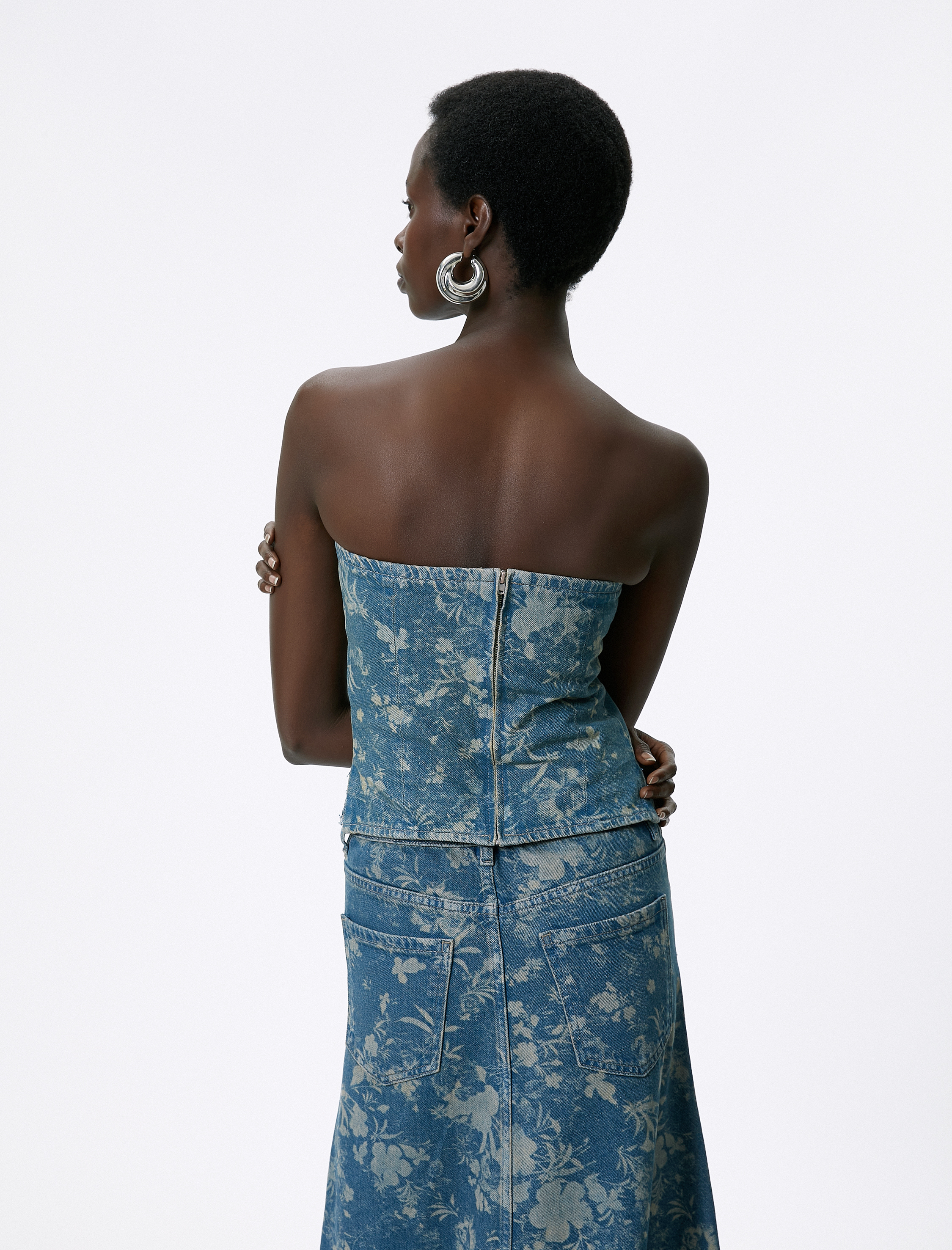   Floral Straplez Kot Üst Asimetrik Kesim Fermuarlı