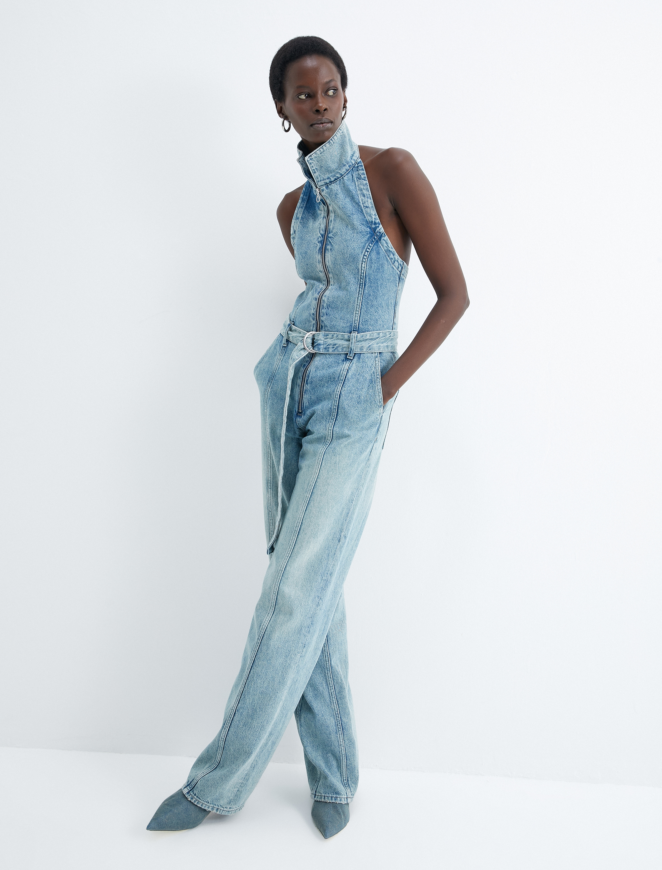   Kot Tulum Yakalı Halter Yaka Fermuarlı Kemer Detaylı Düz Paça Cepli Rahat Kalıp