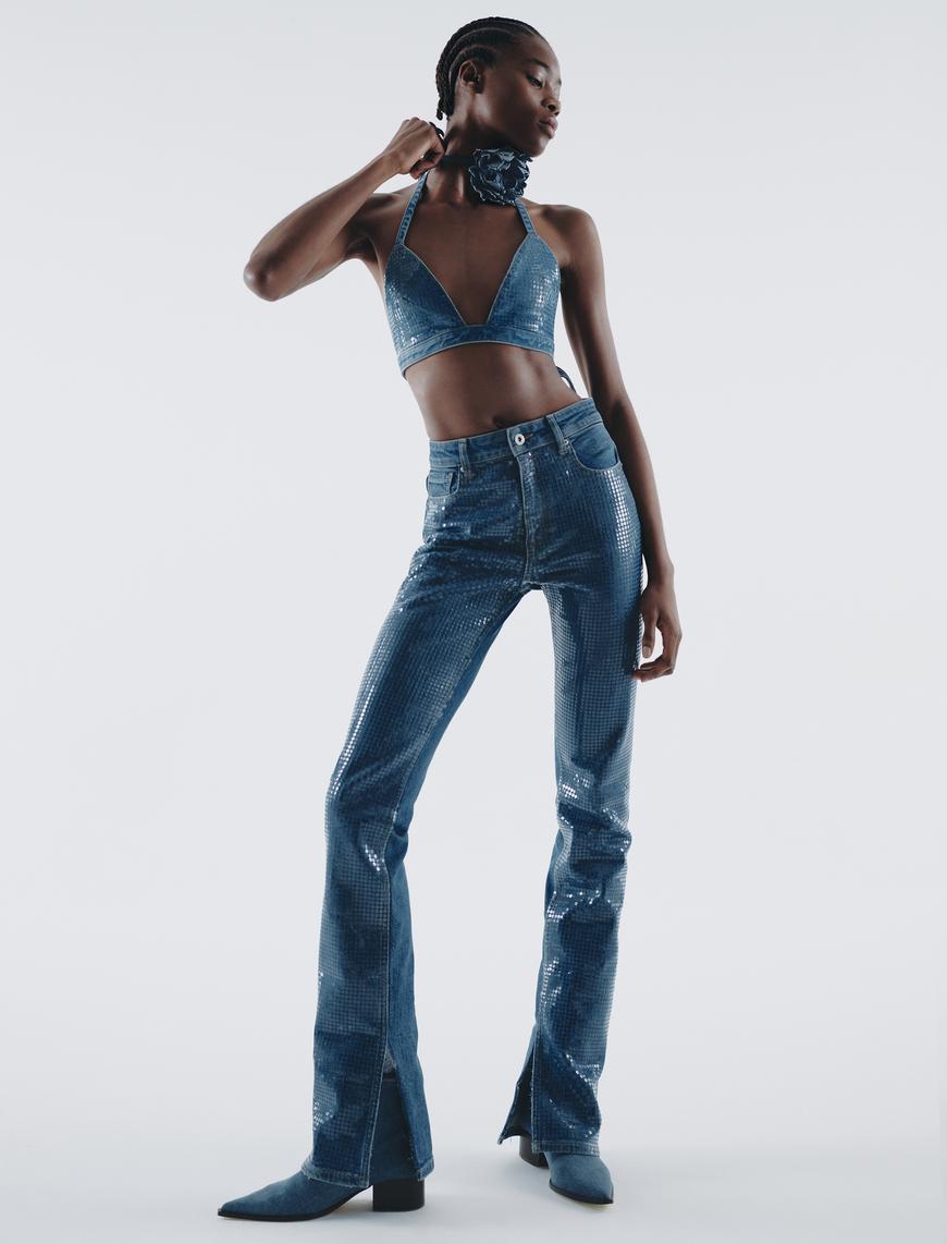   Pullu Payetli Kot Pantolon Yüksek Bel Yırtmaç Detaylı - Victoria Slim Flare Jeans