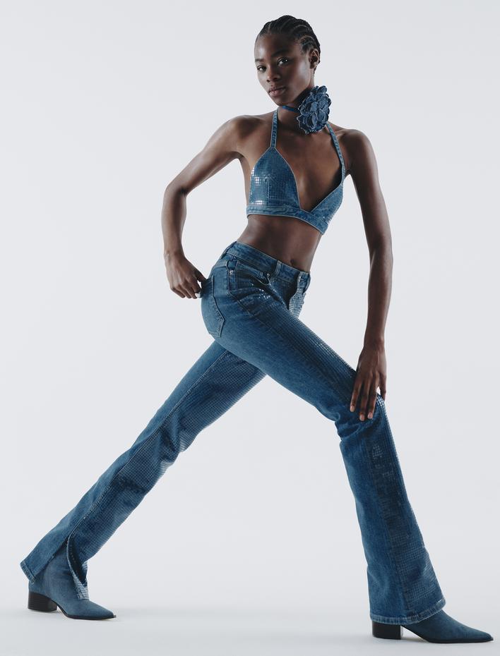  Pullu Payetli Kot Pantolon Yüksek Bel Yırtmaç Detaylı - Victoria Slim Flare Jeans