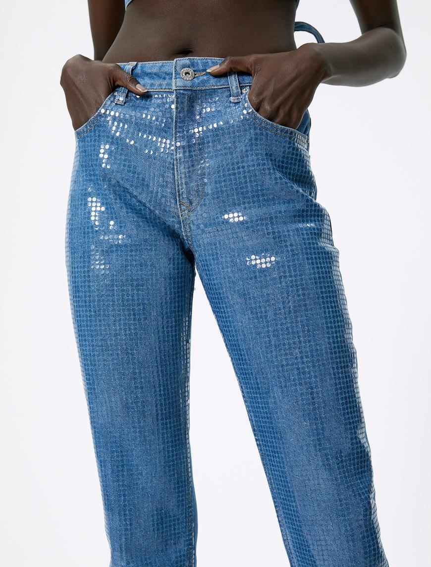   Pullu Payetli Kot Pantolon Yüksek Bel Yırtmaç Detaylı - Victoria Slim Flare Jeans