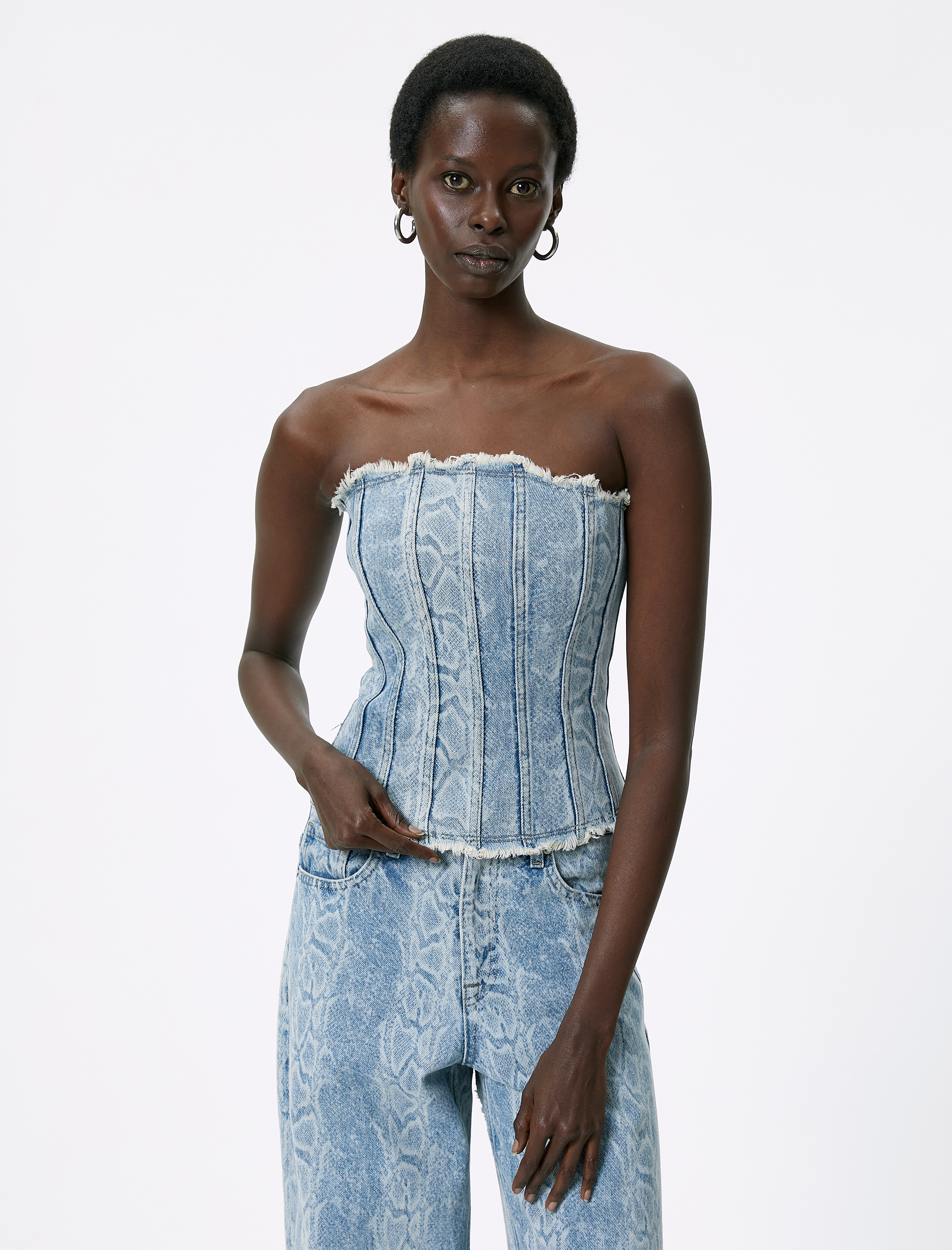   Straplez Kot Üst Korse Görünümlü Kenarları Püsküllü Fermuarlı