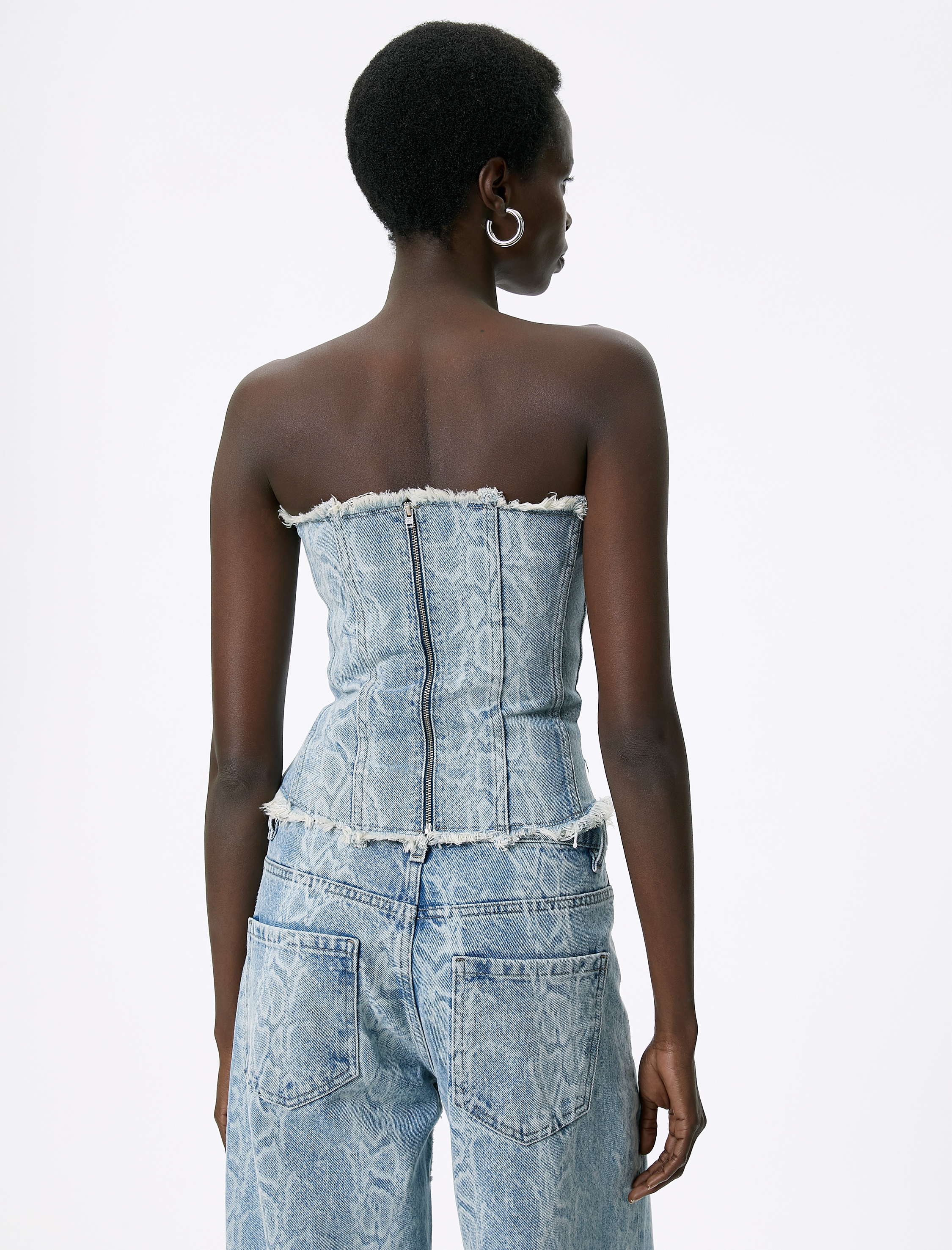   Straplez Kot Üst Korse Görünümlü Kenarları Püsküllü Fermuarlı