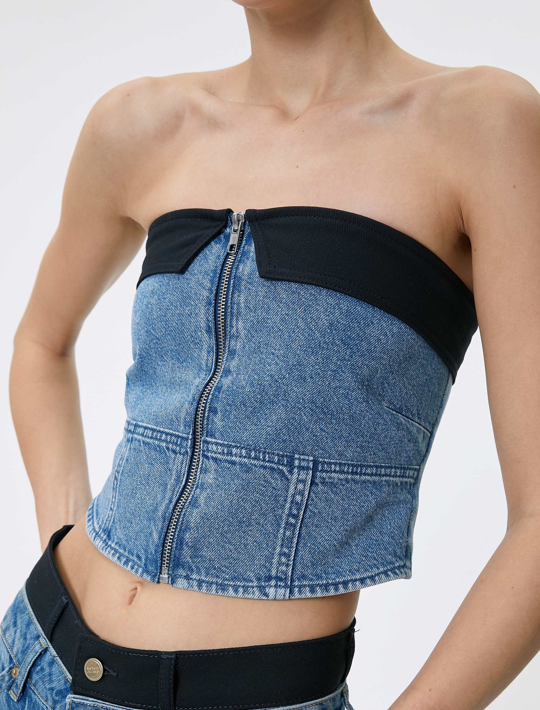   Crop Kot Straplez Üst Korse Görünümlü Renk Kontrastlı Fermuarlı