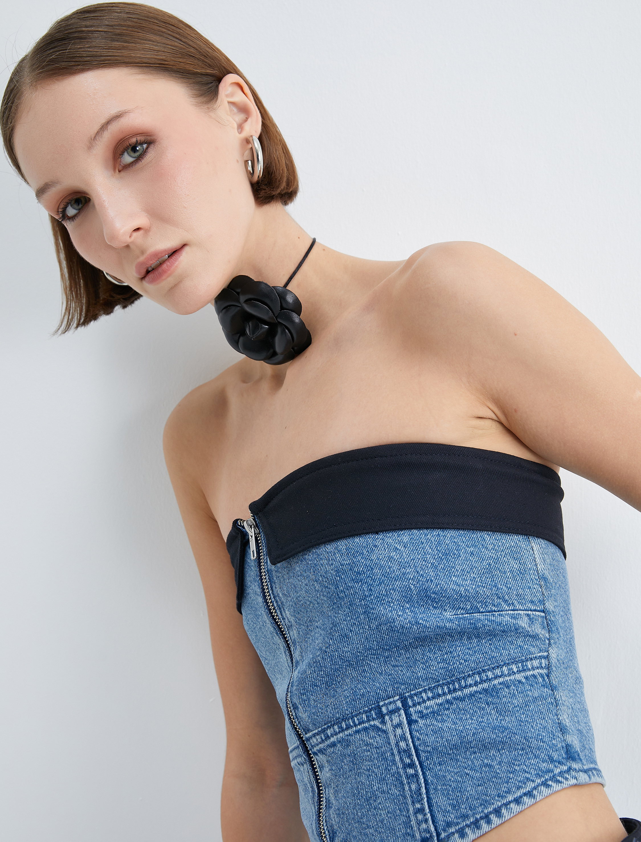   Crop Kot Straplez Üst Korse Görünümlü Renk Kontrastlı Fermuarlı