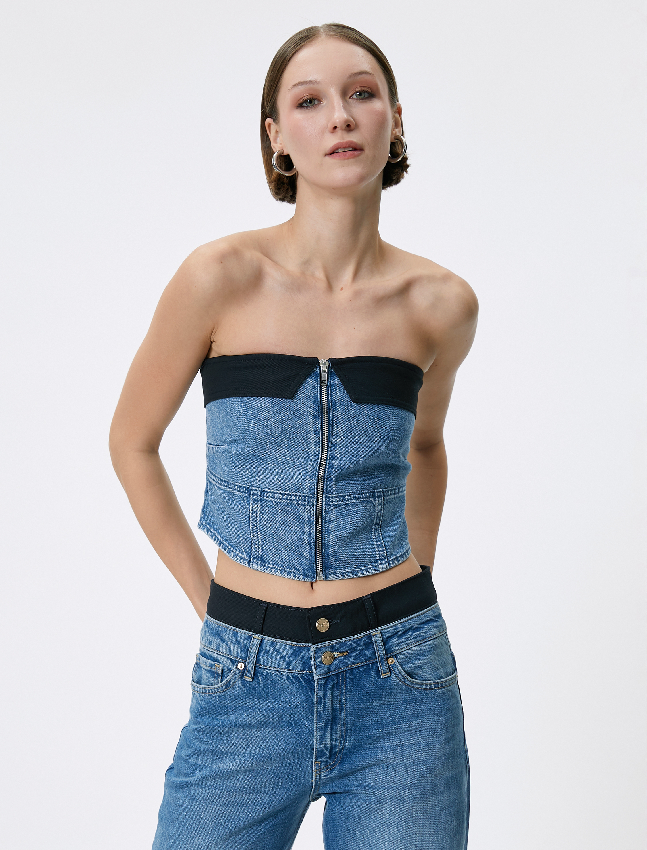   Crop Kot Straplez Üst Korse Görünümlü Renk Kontrastlı Fermuarlı